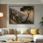 Amalfi Pine Sunset Canvas Art – horizontal Amalfi sunset landscape print in an oak floating frame in a bright living room