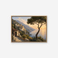 Amalfi Pine Sunset Canvas Art – horizontal Amalfi sunset landscape print in an oak floating frame on a white background