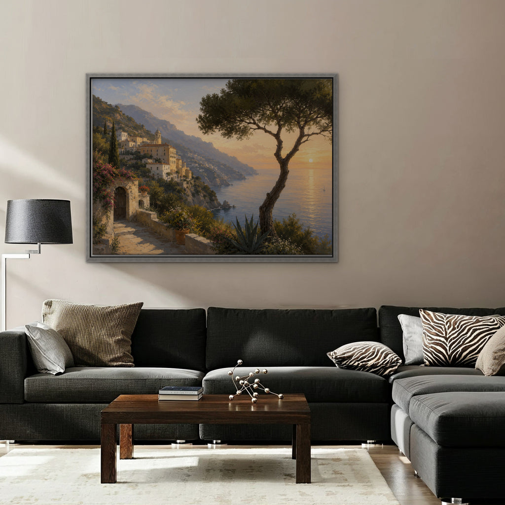 Amalfi Pine Sunset Canvas Art - Horizontal – Silver Floating Frame in room setting