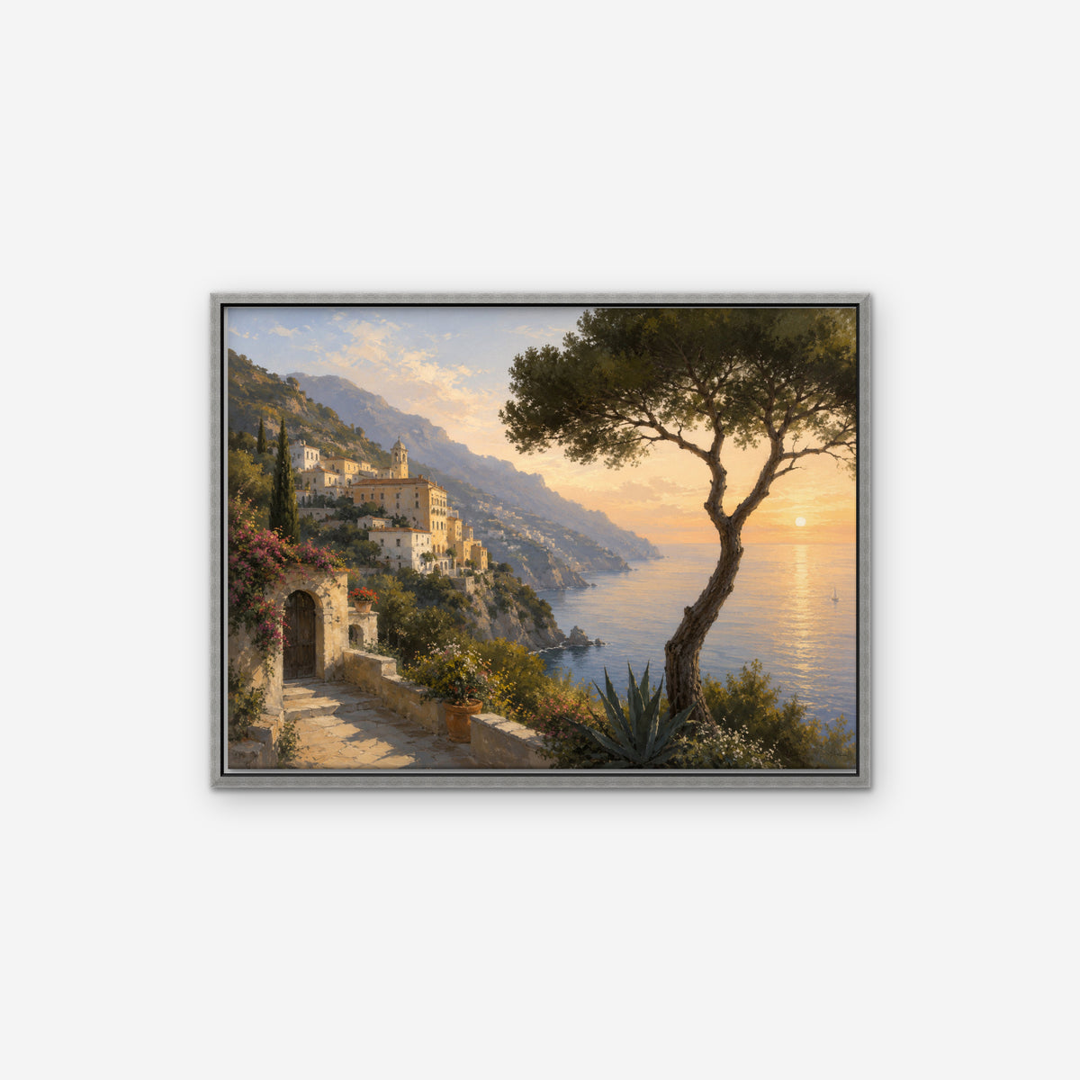 Amalfi Pine Sunset Canvas Art - Horizontal – Silver Floating Frame on white background
