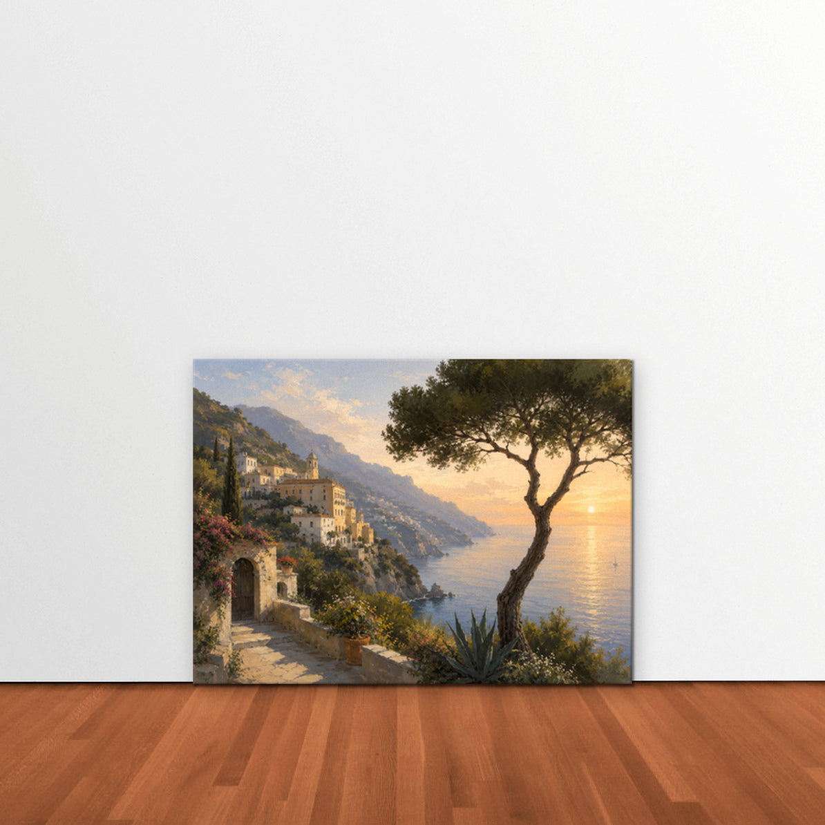 Amalfi Pine Sunset Canvas Art – horizontal Amalfi sunset landscape print as a gallery-wrapped canvas leaning against a white wall