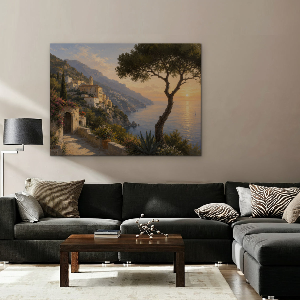 Amalfi Pine Sunset Canvas Art – horizontal Amalfi sunset landscape print as a gallery-wrapped canvas in a taupe living room
