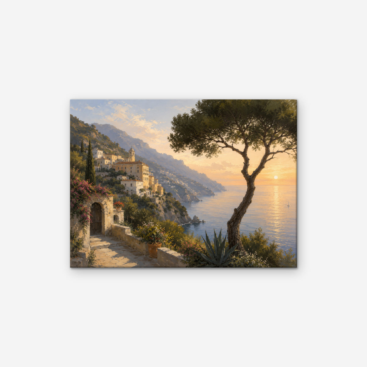 Amalfi Pine Sunset Canvas Art – horizontal Amalfi sunset landscape print as a gallery-wrapped canvas on a white background