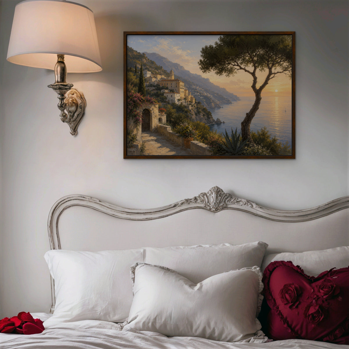Amalfi Pine Sunset Canvas Art – horizontal Amalfi sunset landscape print in a walnut floating frame in a bedroom