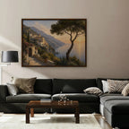 Amalfi Pine Sunset Canvas Art – horizontal Amalfi sunset landscape print in a walnut floating frame in a taupe living room