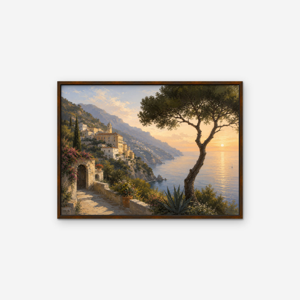 Amalfi Pine Sunset Canvas Art – horizontal Amalfi sunset landscape print in a walnut floating frame on a white background