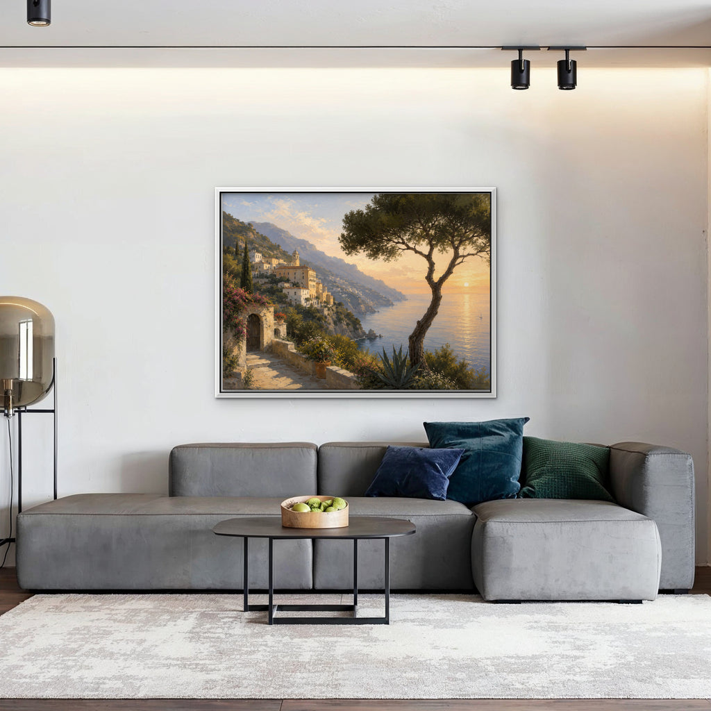 Amalfi Pine Sunset Canvas Art - Horizontal – White Floating Frame in room setting