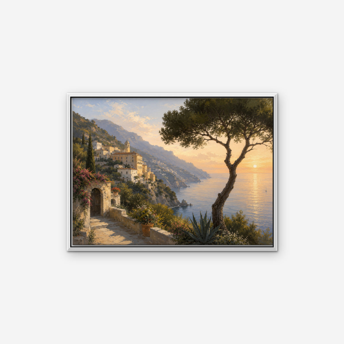 Amalfi Pine Sunset Canvas Art - Horizontal – White Floating Frame on white background