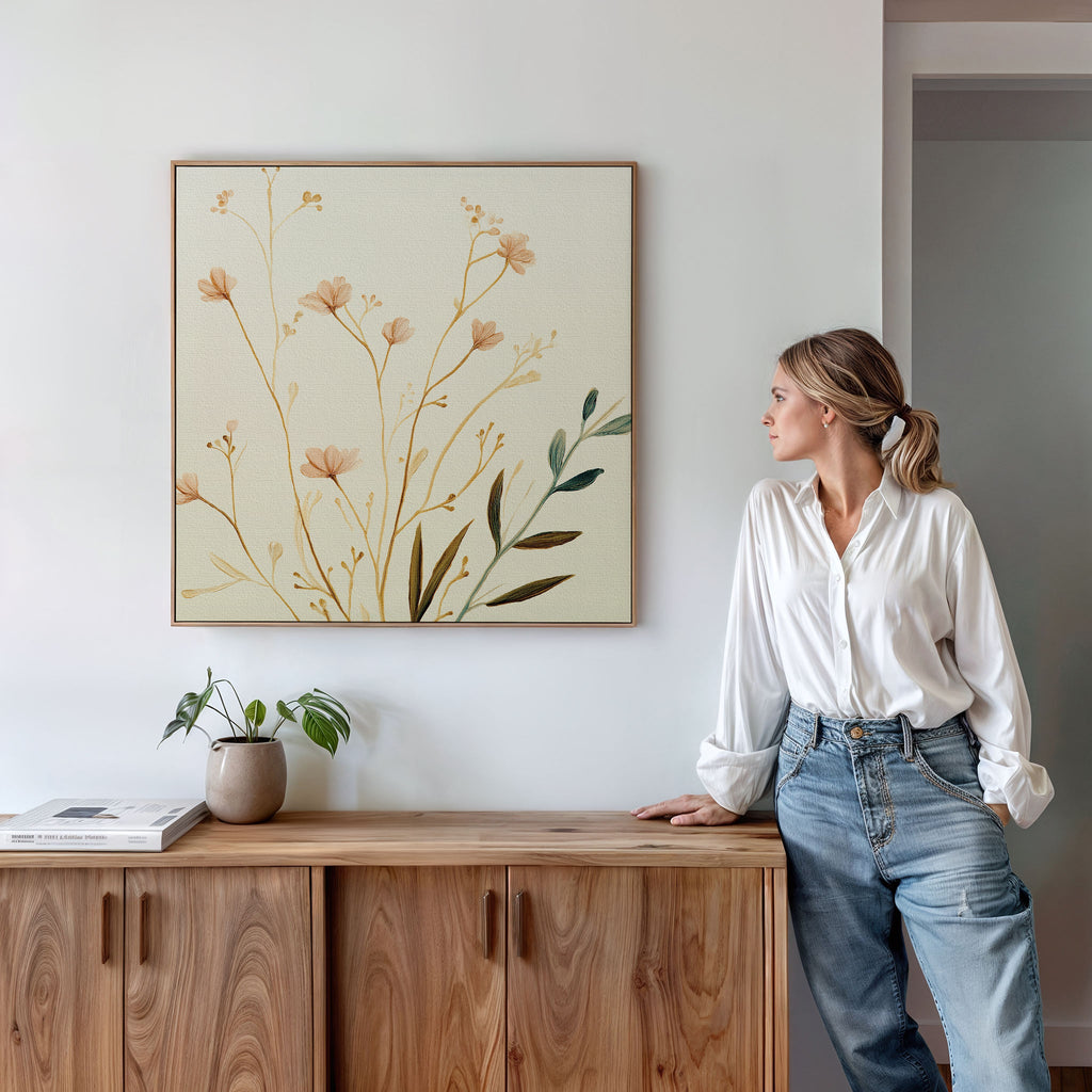 Whispers of Harvest Bloom – beige and white botanical canvas wall art print by Aspire Prints