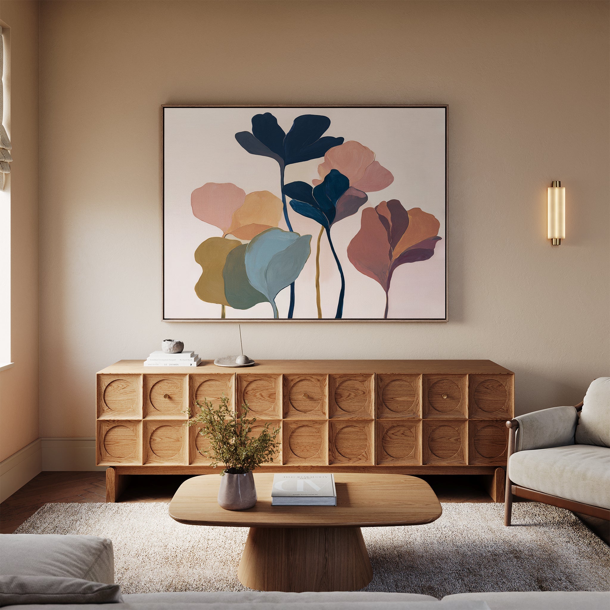 Whispers of Amber Bloom – multicolour botanical canvas wall art print by Aspire Prints