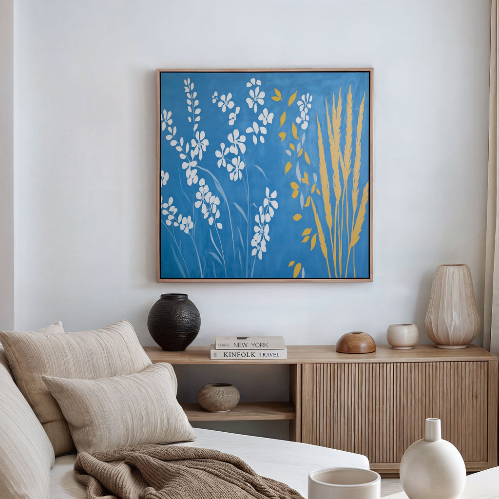 Whispers in the Wildflowers Canvas Print – blue botanical canvas wall art print by Aspire Prints