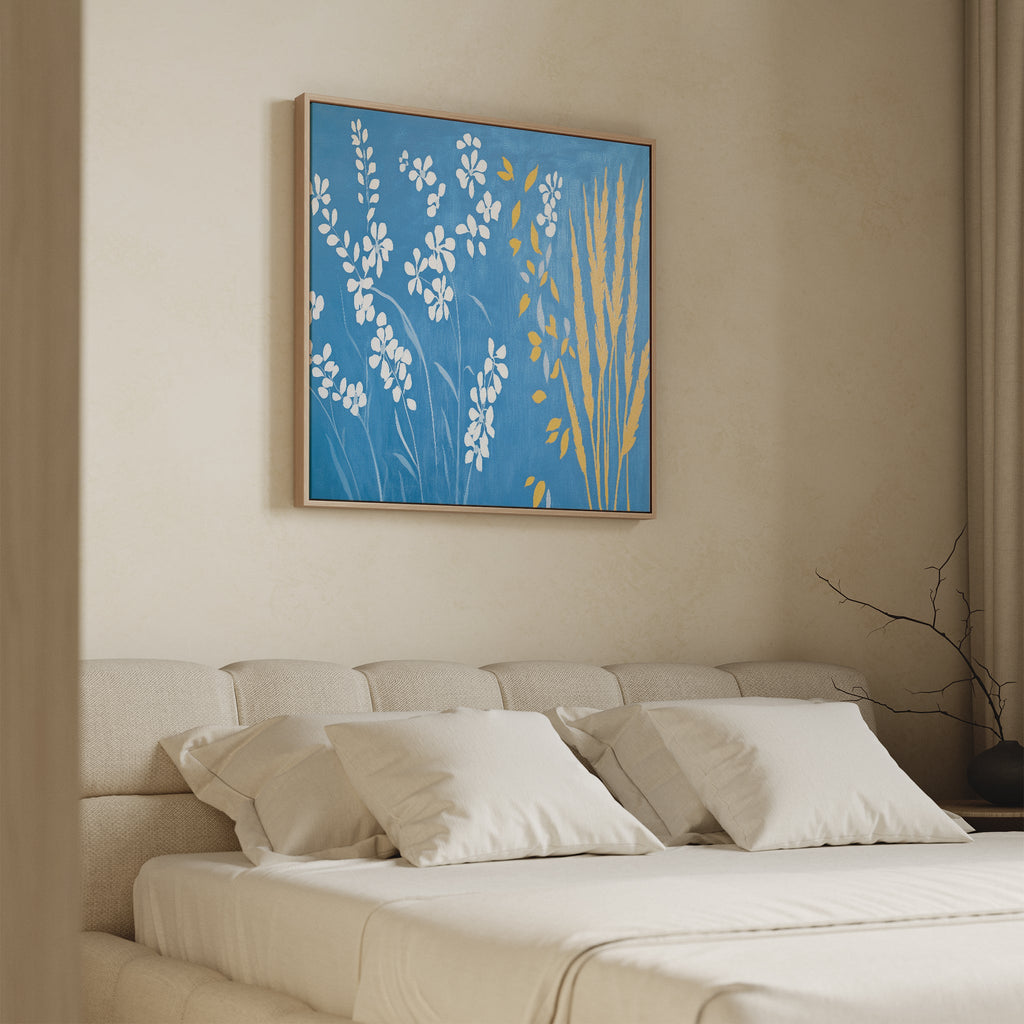 Whispers in the Wildflowers Canvas Print – blue botanical canvas wall art print by Aspire Prints