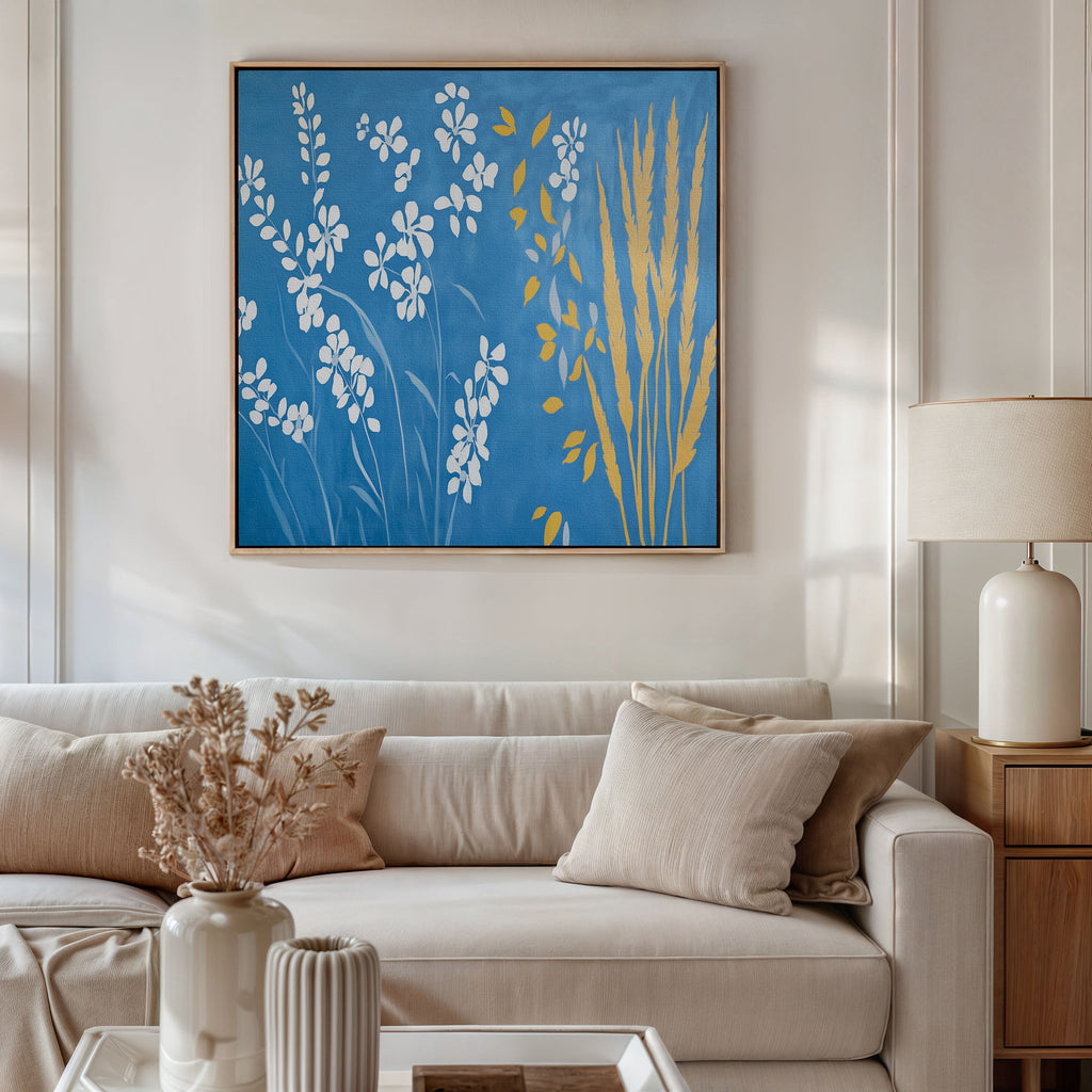 Whispers in the Wildflowers Canvas Print – blue botanical canvas wall art print by Aspire Prints