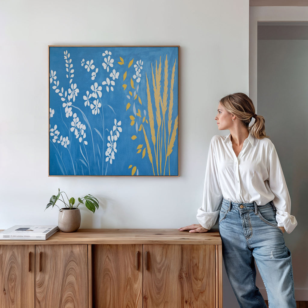 Whispers in the Wildflowers Canvas Print – blue botanical canvas wall art print by Aspire Prints