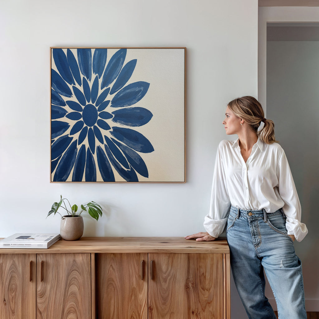 Indigo Bloom in Quiet Light – blue botanical canvas wall art print by Aspire Prints