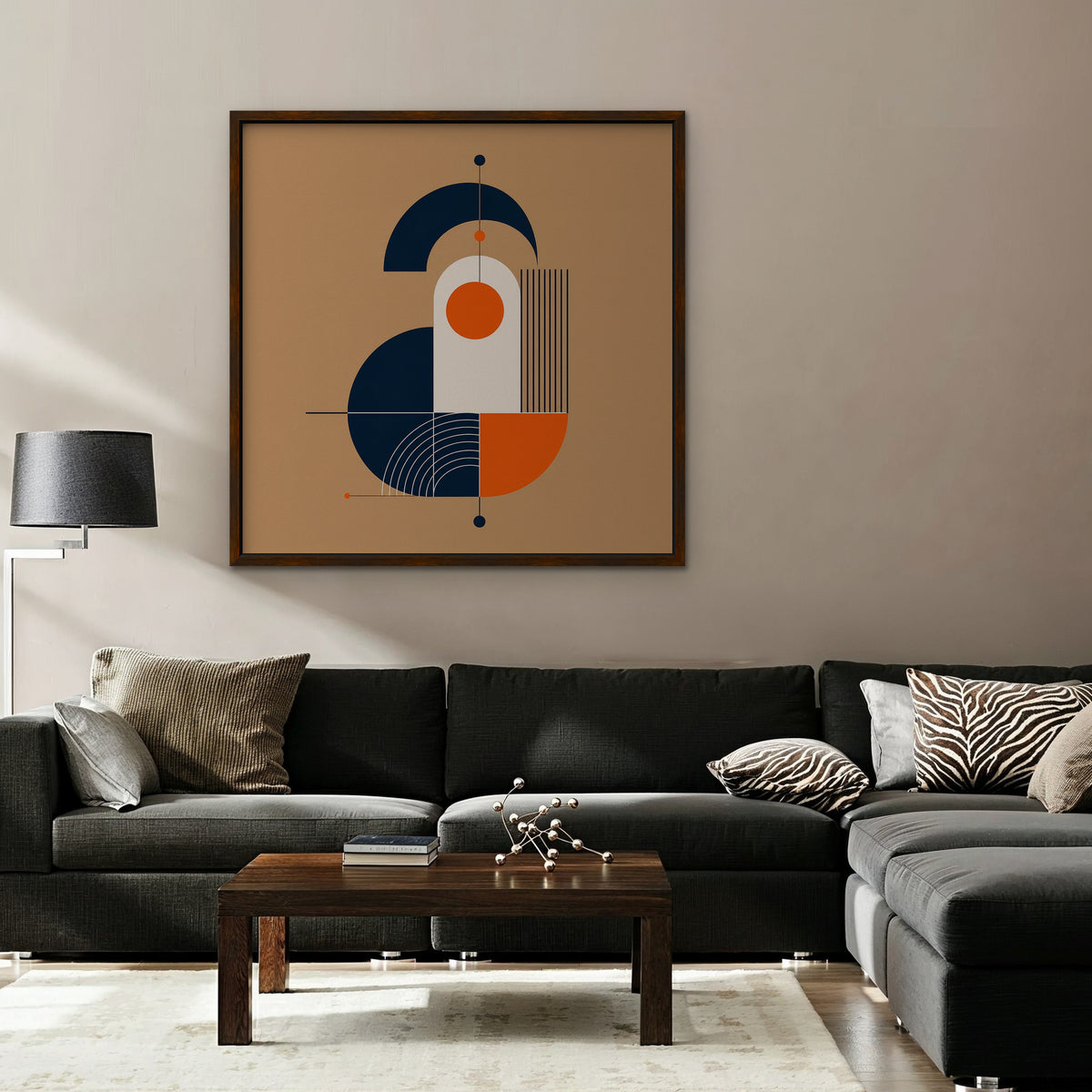Bauhaus Balance Canvas Art - Square – Walnut Floating Frame in room setting