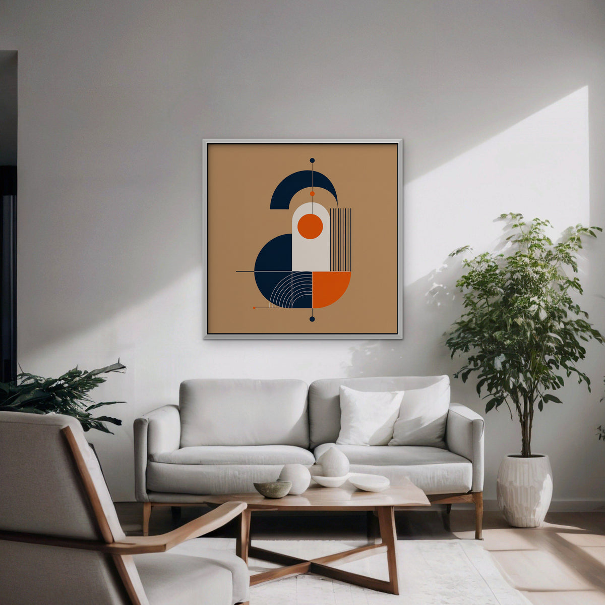 Bauhaus Balance Canvas Art - Square – White Floating Frame in room setting