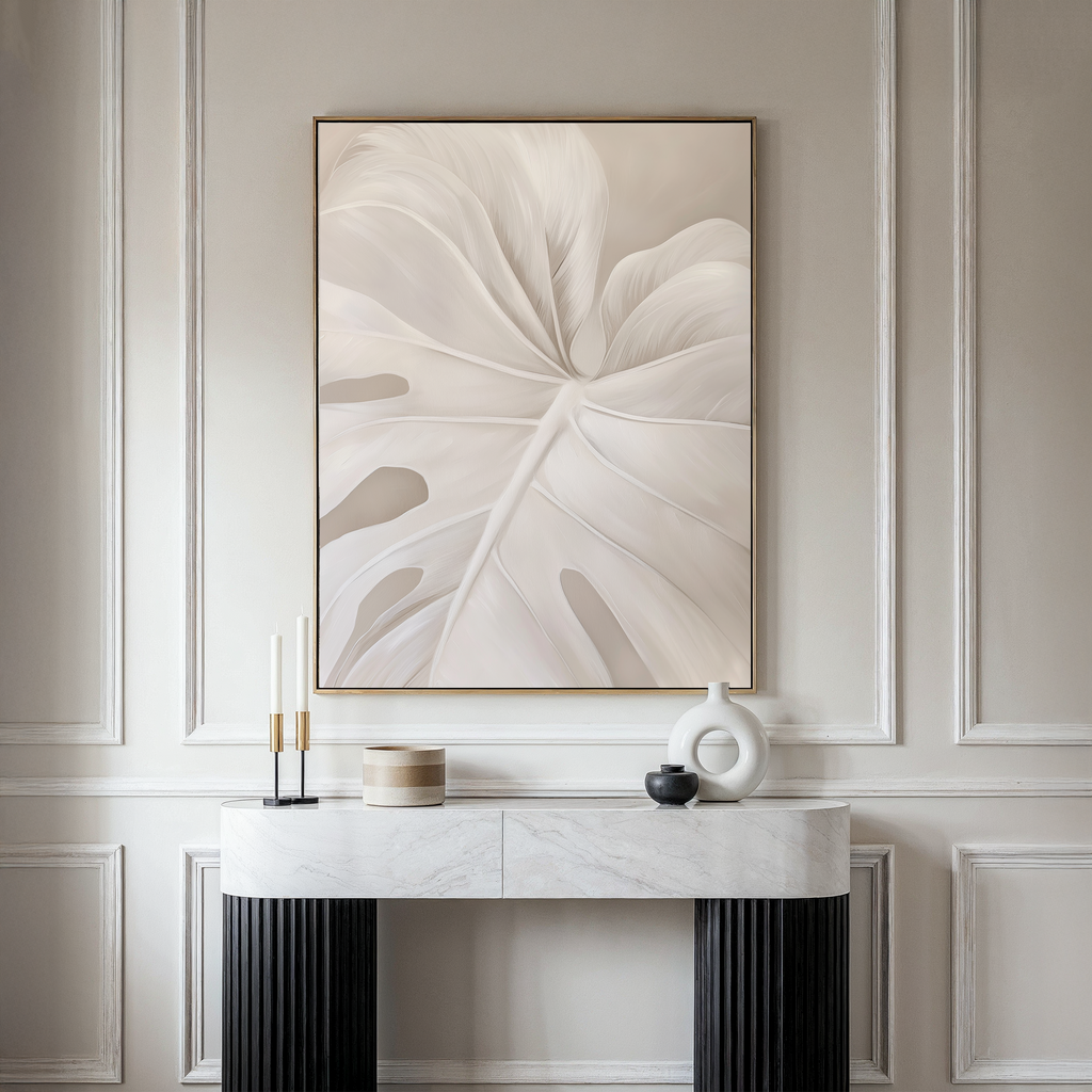 Whispering Fronds – beige and white botanical canvas wall art print by Aspire Prints