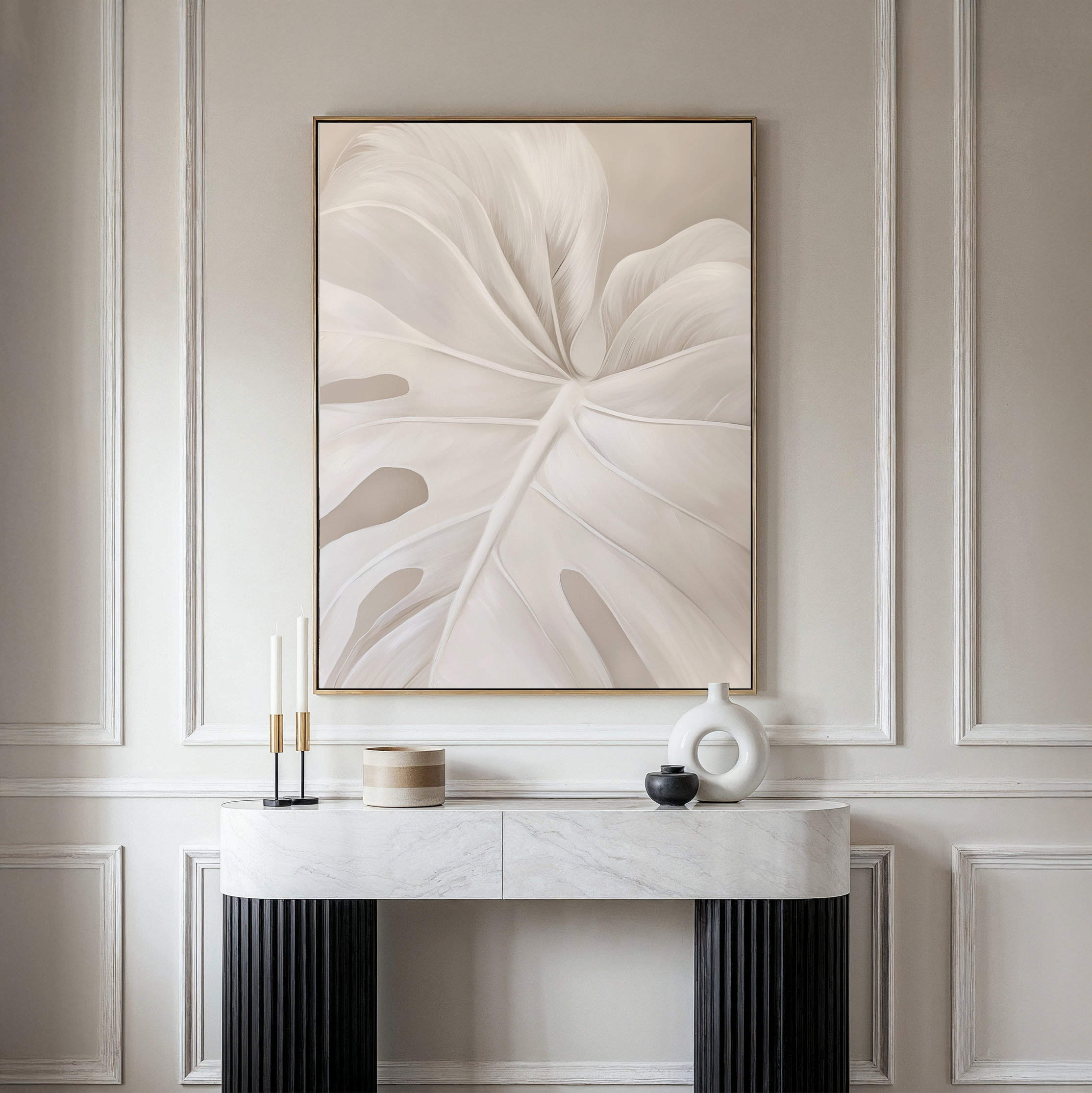 Whispering Fronds – beige and white botanical canvas wall art print by Aspire Prints
