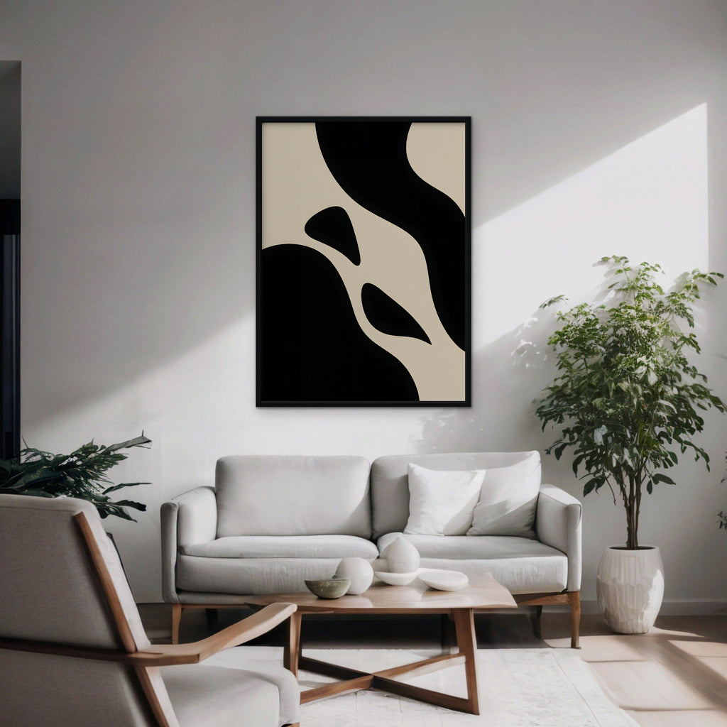 Black and Cream Curves Canvas Art - Vertical – Black Floating Frame in room setting