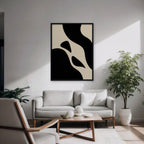 Black and Cream Curves Canvas Art - Vertical – Black Floating Frame in room setting