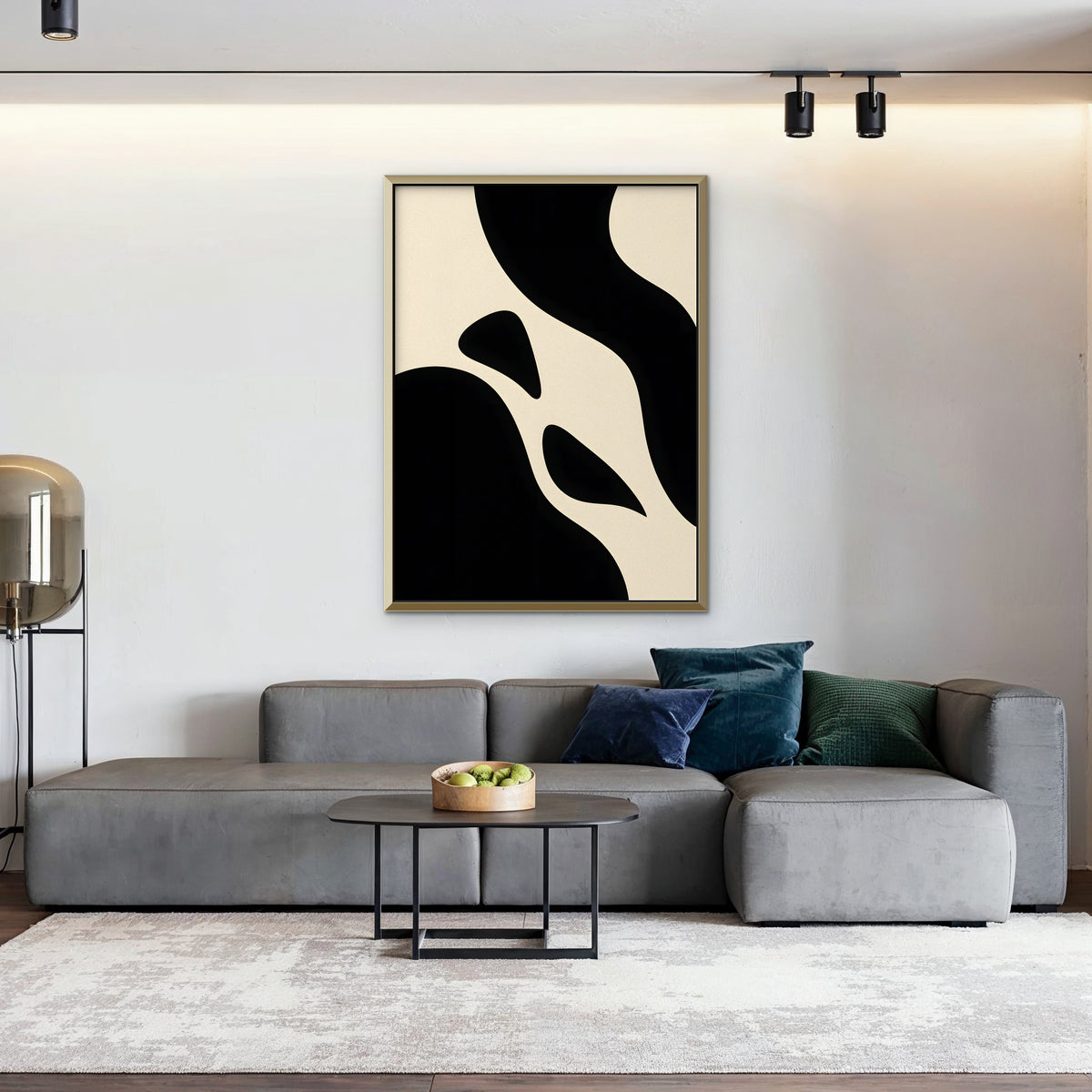 Black and Cream Curves Canvas Art - Vertical – Gold Floating Frame in room setting