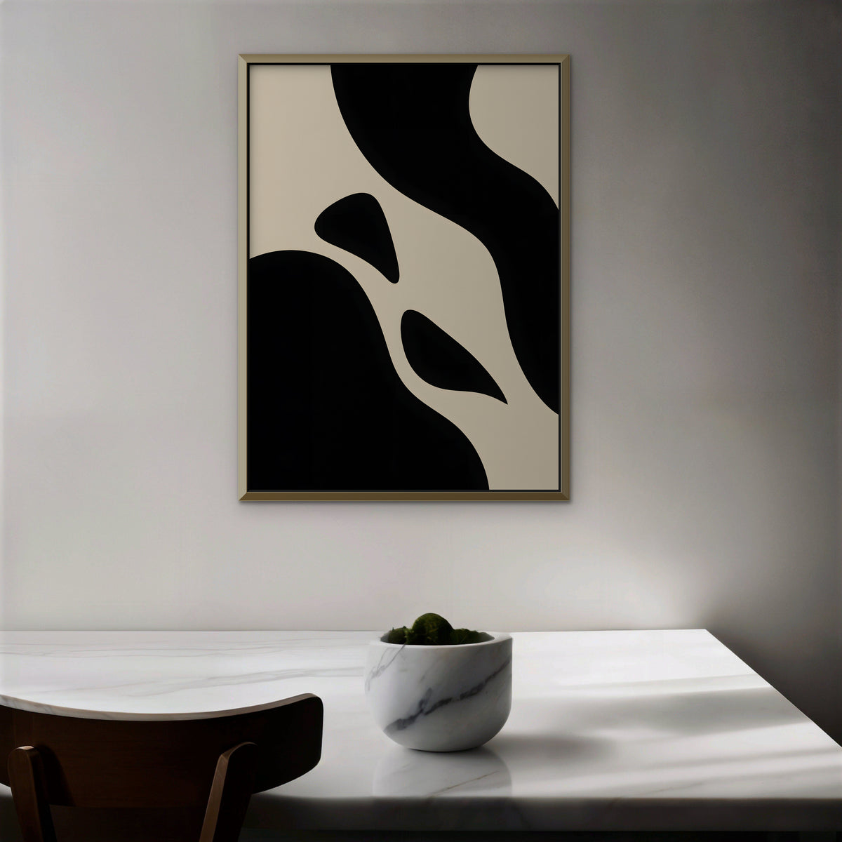 Black and Cream Curves Canvas Art - Vertical – Gold Floating Frame in room setting