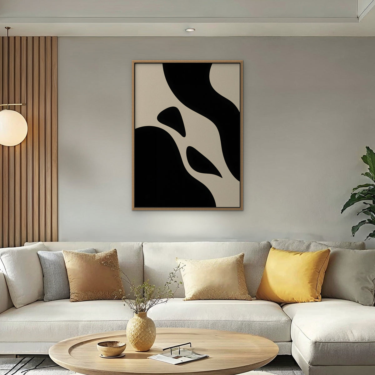 Black and Cream Curves Canvas Art - Vertical – Oak Floating Frame in room setting