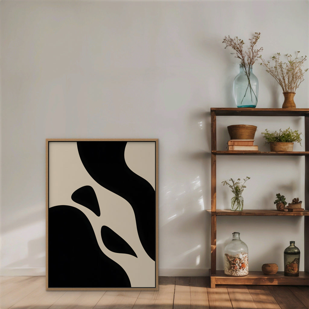 Black and Cream Curves Canvas Art - Vertical – Oak Floating Frame in room setting