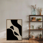 Black and Cream Curves Canvas Art - Vertical – Oak Floating Frame in room setting