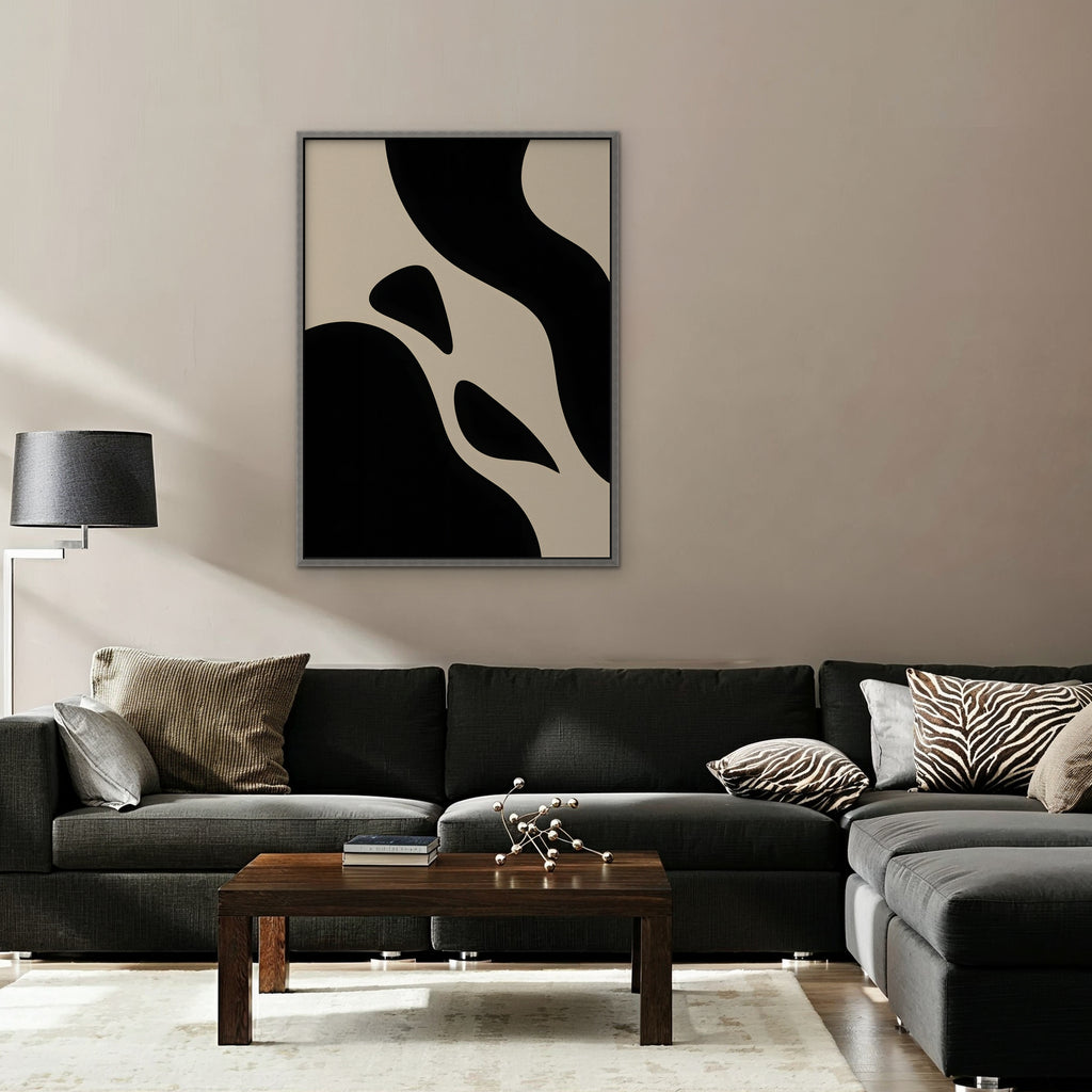 Black and Cream Curves Canvas Art - Vertical – Silver Floating Frame in room setting
