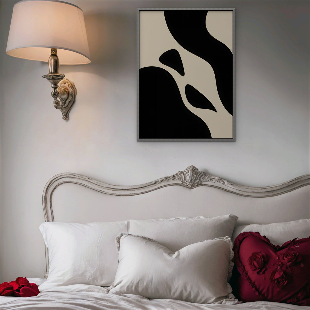 Black and Cream Curves Canvas Art - Vertical – Silver Floating Frame in room setting
