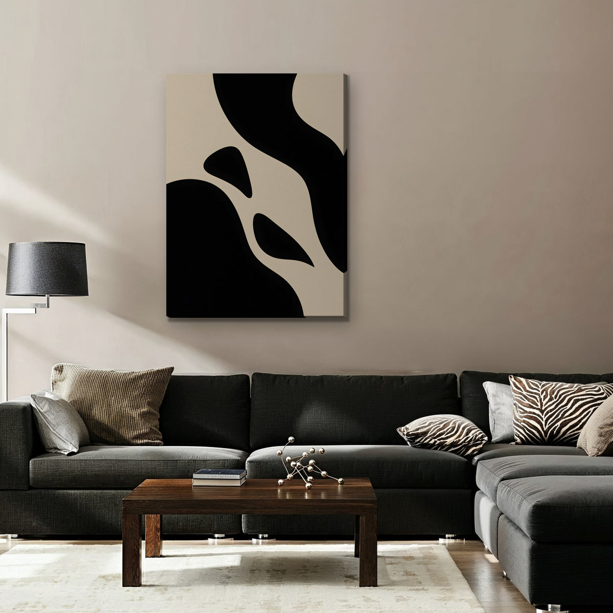 Black and Cream Curves Canvas Art - Vertical – Stretched Canvas Only in room setting