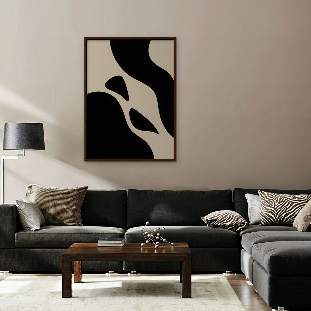 Black and Cream Curves Canvas Art - Vertical – Walnut Floating Frame in room setting