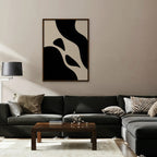 Black and Cream Curves Canvas Art - Vertical – Walnut Floating Frame in room setting