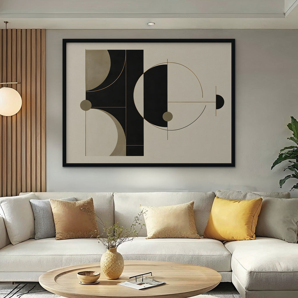 Black and Gold Geometry Canvas Art - Horizontal – Black Floating Frame in room setting