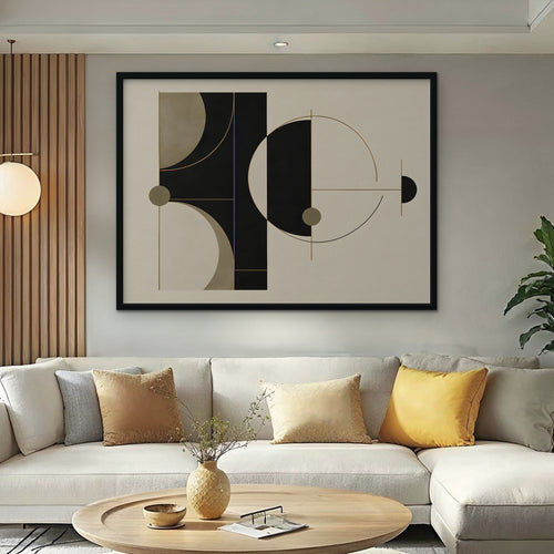 Black and Gold Geometry Canvas Art - Horizontal – Black Floating Frame in room setting