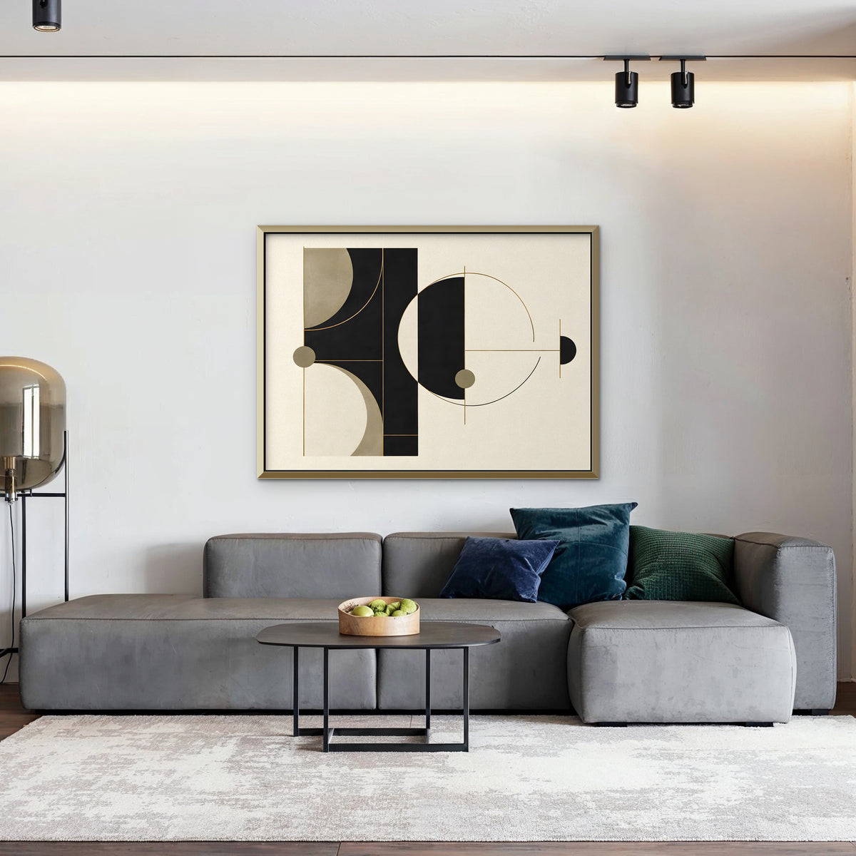 Black and Gold Geometry Canvas Art - Horizontal – Gold Floating Frame in room setting