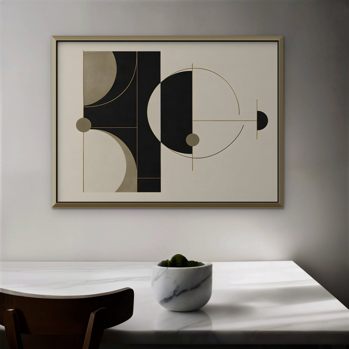 Black and Gold Geometry Canvas Art - Horizontal – Gold Floating Frame in room setting