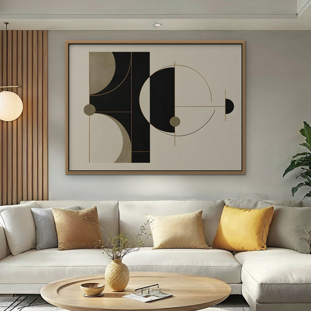 Black and Gold Geometry Canvas Art - Horizontal – Oak Floating Frame in room setting