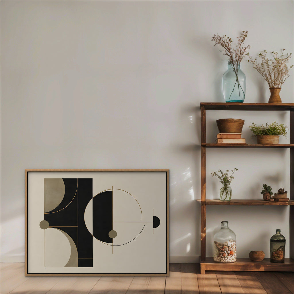 Black and Gold Geometry Canvas Art - Horizontal – Oak Floating Frame in room setting