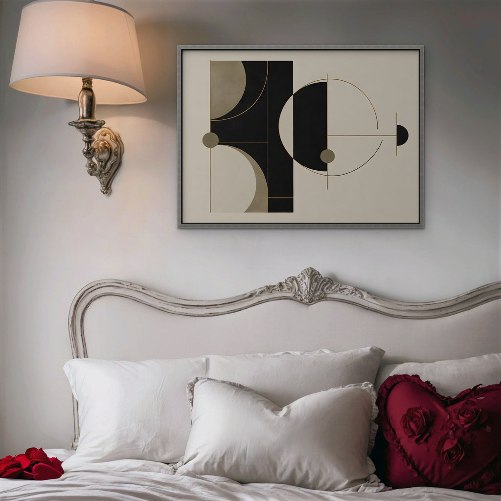 Black and Gold Geometry Canvas Art - Horizontal – Silver Floating Frame in room setting