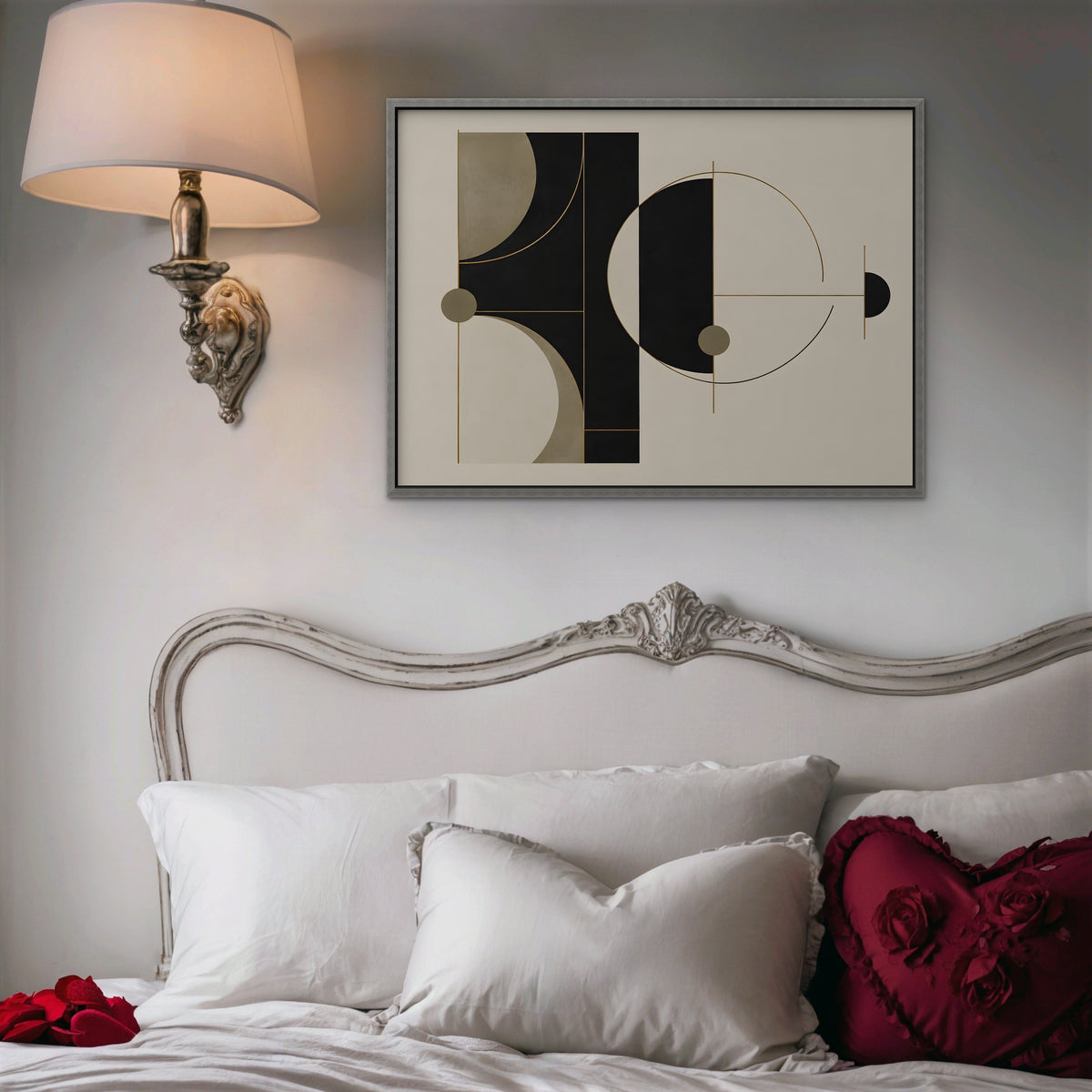 Black and Gold Geometry Canvas Art - Horizontal – Silver Floating Frame in room setting