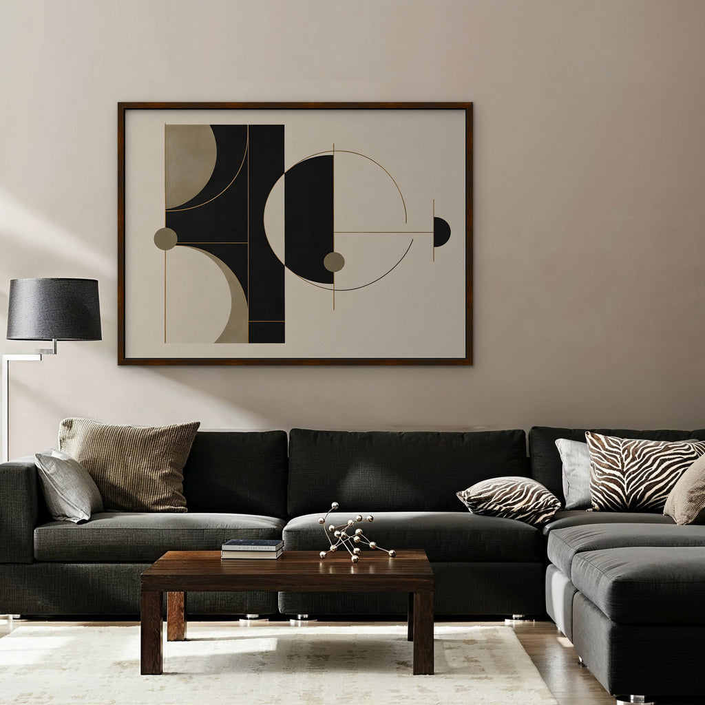 Black and Gold Geometry Canvas Art - Horizontal – Walnut Floating Frame in room setting