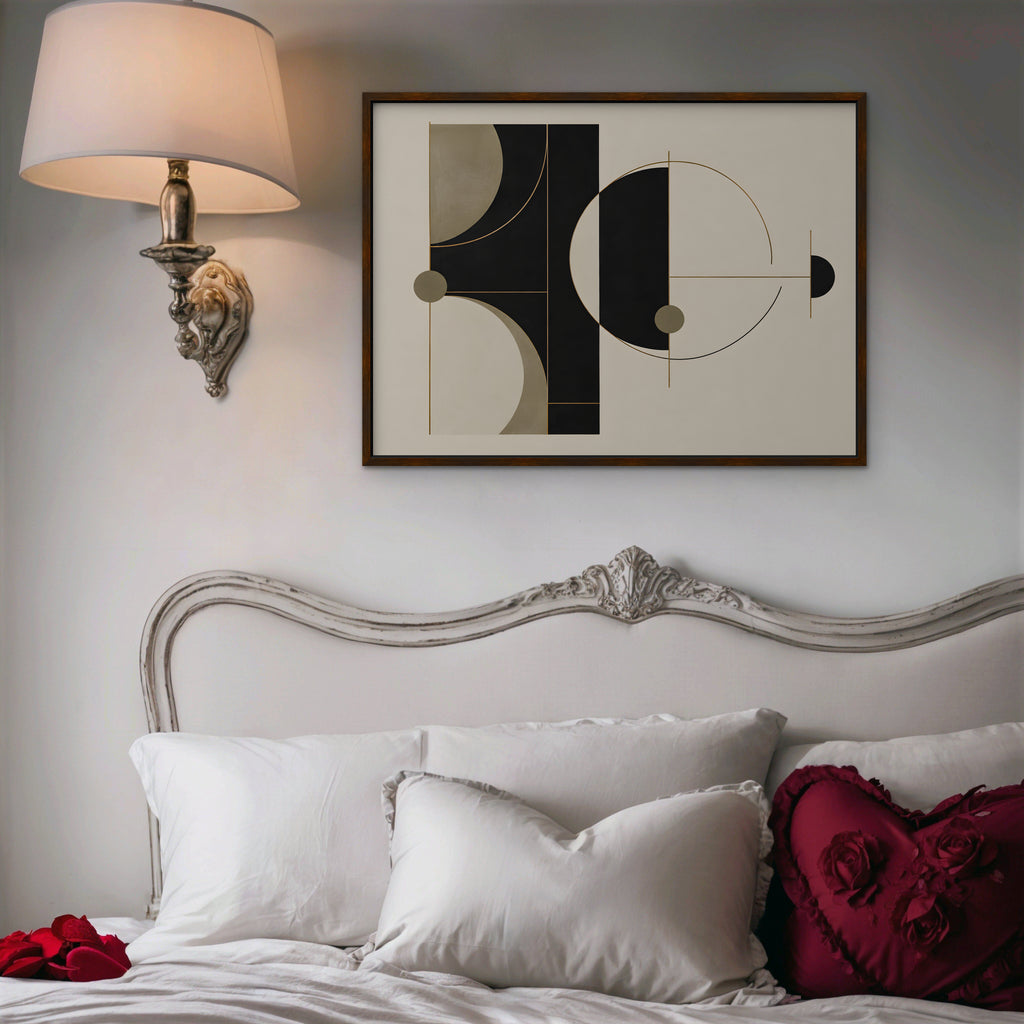 Black and Gold Geometry Canvas Art - Horizontal – Walnut Floating Frame in room setting