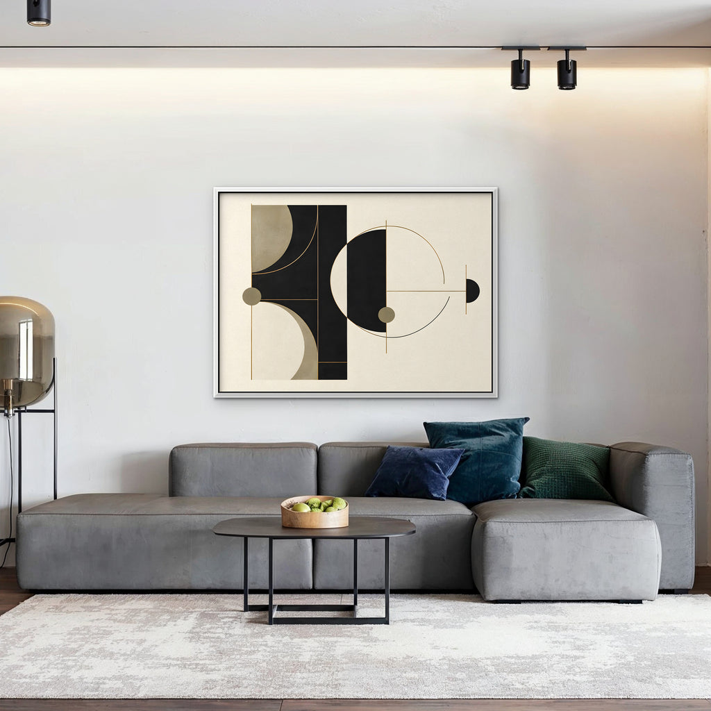 Black and Gold Geometry Canvas Art - Horizontal – White Floating Frame in room setting