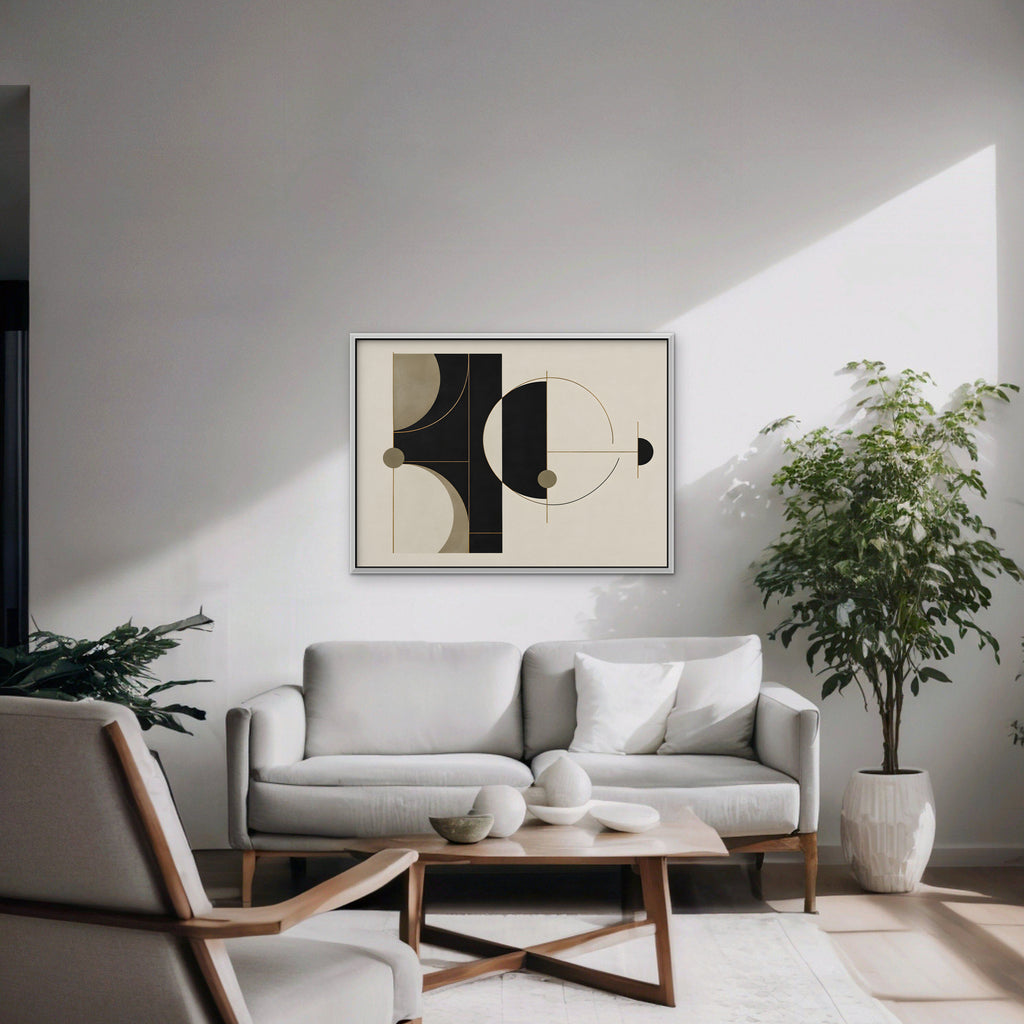 Black and Gold Geometry Canvas Art - Horizontal – White Floating Frame in room setting