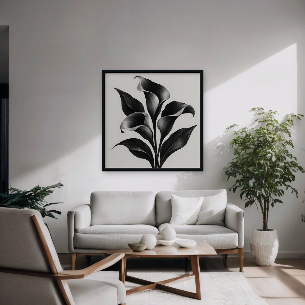 Black Calla Lilies Canvas Art - Square – Black Floating Frame in room setting