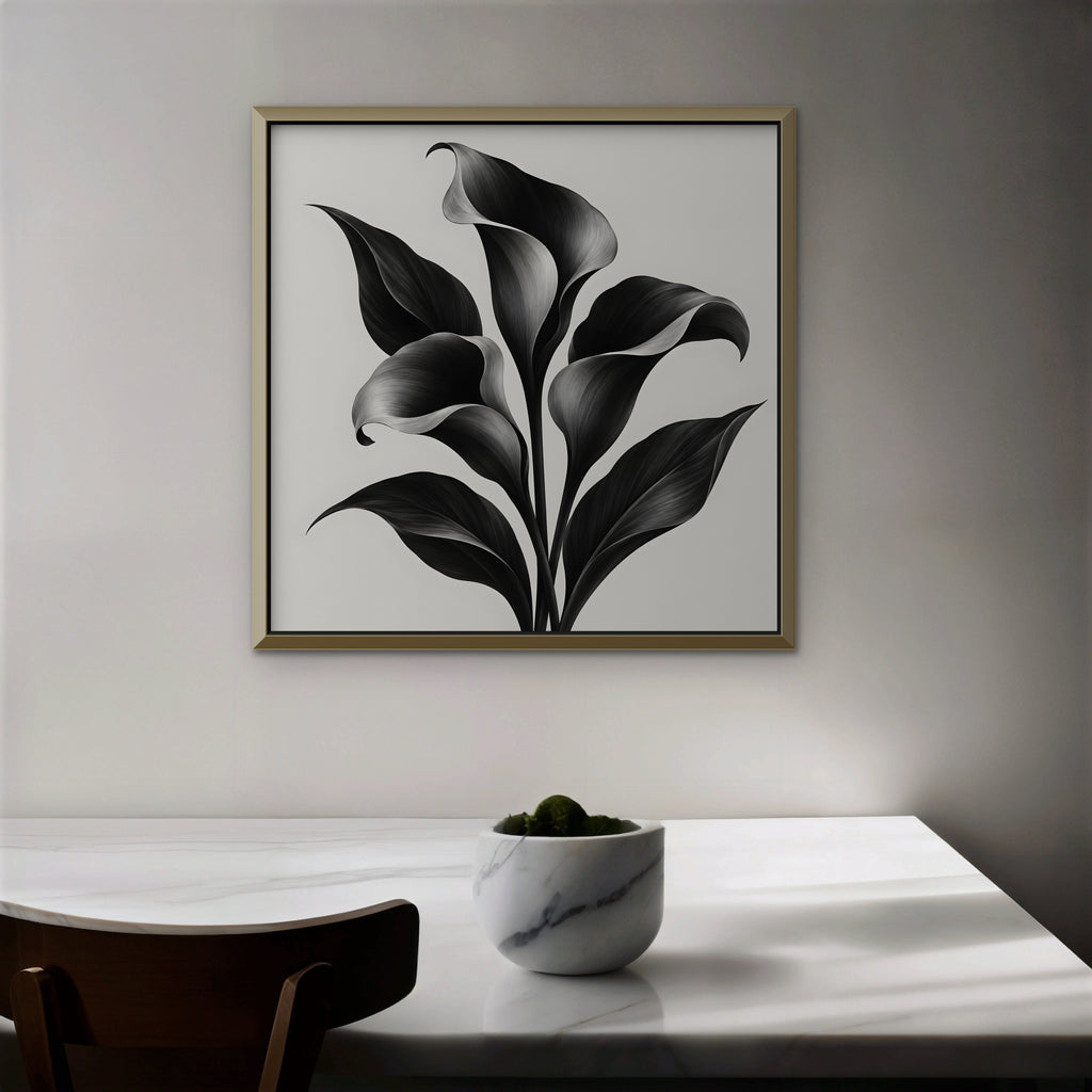 Black Calla Lilies Canvas Art - Square – Gold Floating Frame in room setting