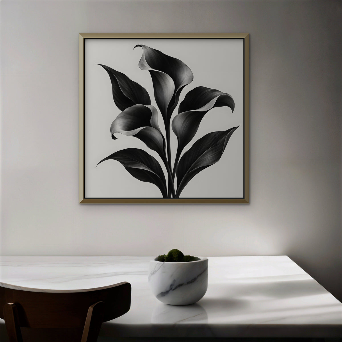 Black Calla Lilies Canvas Art - Square – Gold Floating Frame in room setting